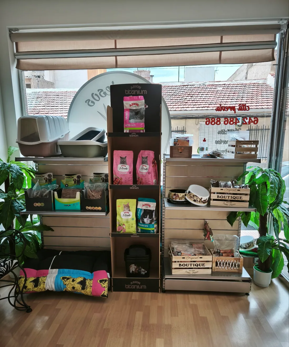 Zona de gato con areneros, alimentación y accesorios en la tienda de Traviesos